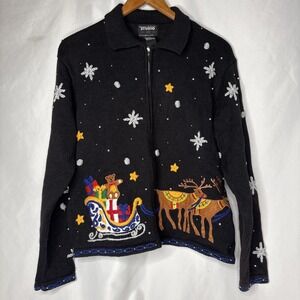 Designers Original Studio Womans L HO HO HO Christmas Cardigan Zip Black Sweater